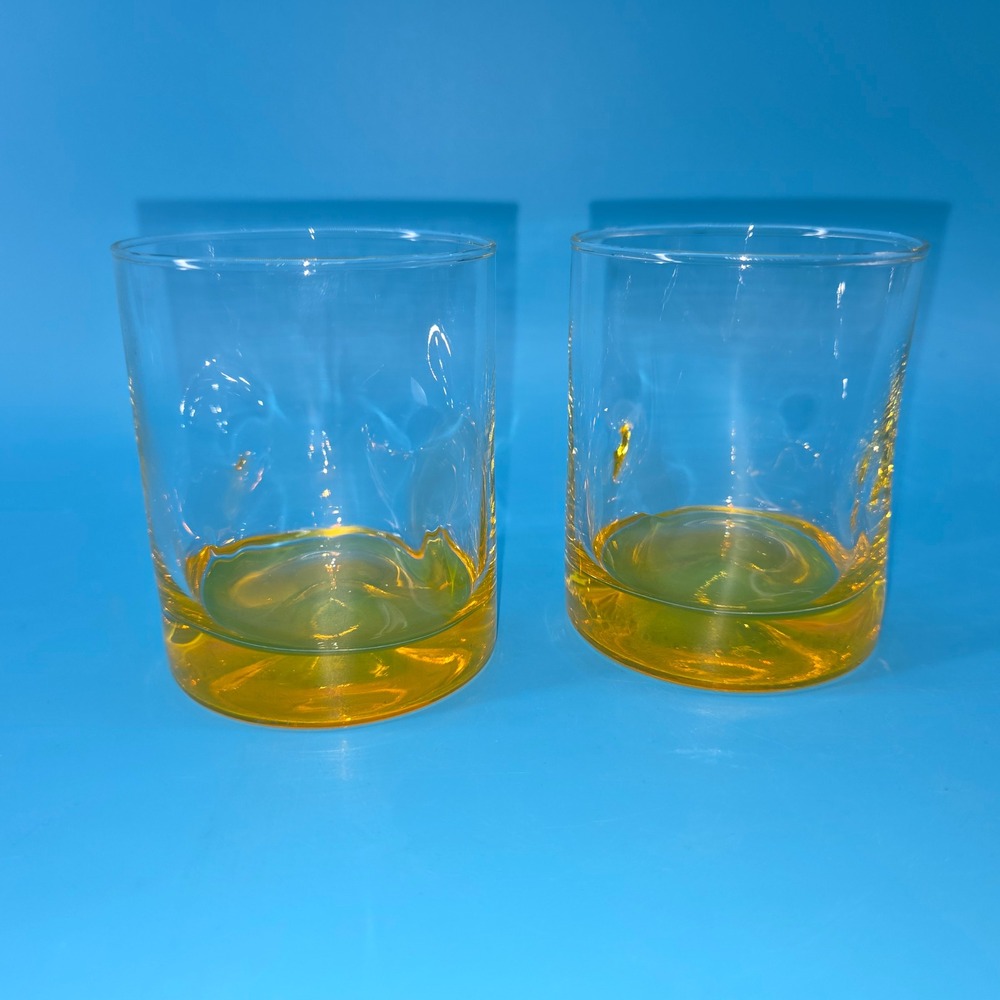 Hand Blown‎ Amber Bottom Rocks Glasses Set of 2 Yellow Weighted Base Tumblers